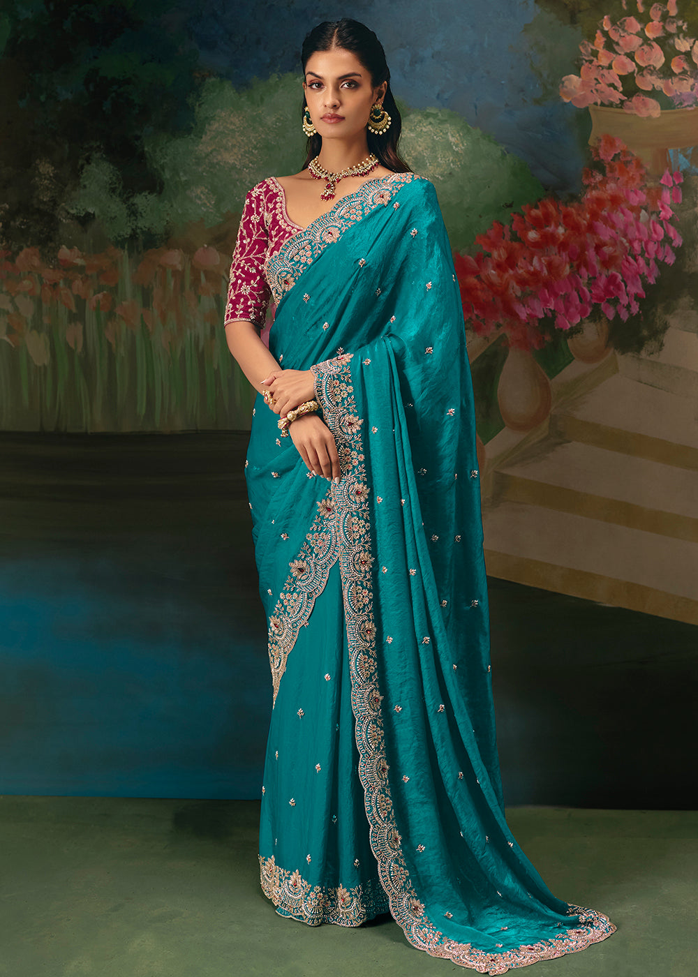 Buy Now Teal Premium Fancy Fabric Embellished Designer Saree Online in US, UK, Canada, France, Germany, Denmark, Netherland, Sweden, UAE & Worldwide at Empress.