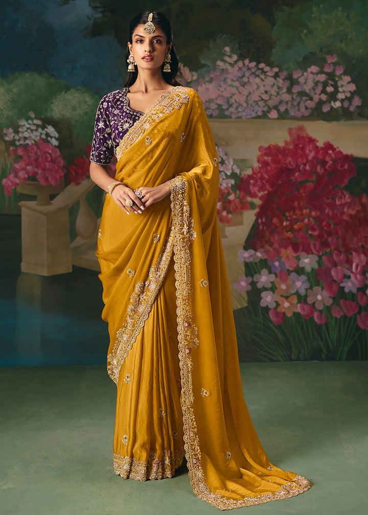 Buy Now Mustard Premium Fancy Fabric Embellished Designer Saree Online in US, UK, Canada, France, Germany, Denmark, Netherland, Sweden & Worldwide at Empress.