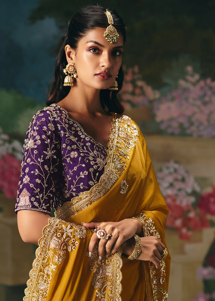 Buy Now Mustard Premium Fancy Fabric Embellished Designer Saree Online in US, UK, Canada, France, Germany, Denmark, Netherland, Sweden & Worldwide at Empress.