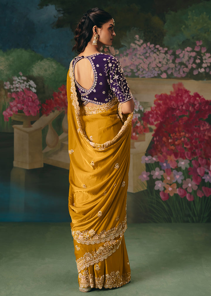 Buy Now Mustard Premium Fancy Fabric Embellished Designer Saree Online in US, UK, Canada, France, Germany, Denmark, Netherland, Sweden & Worldwide at Empress.