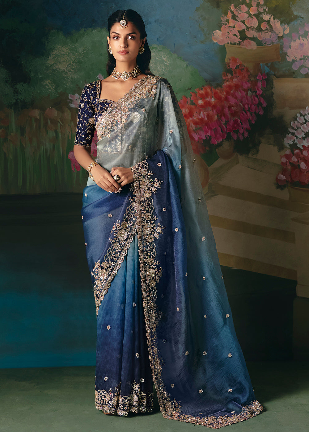 Buy Silver Blue Premium Fancy Fabric Embellished Designer Saree Online in US, UK, Canada, France, Germany, Denmark, Netherland, Sweden & Worldwide at Empress.
