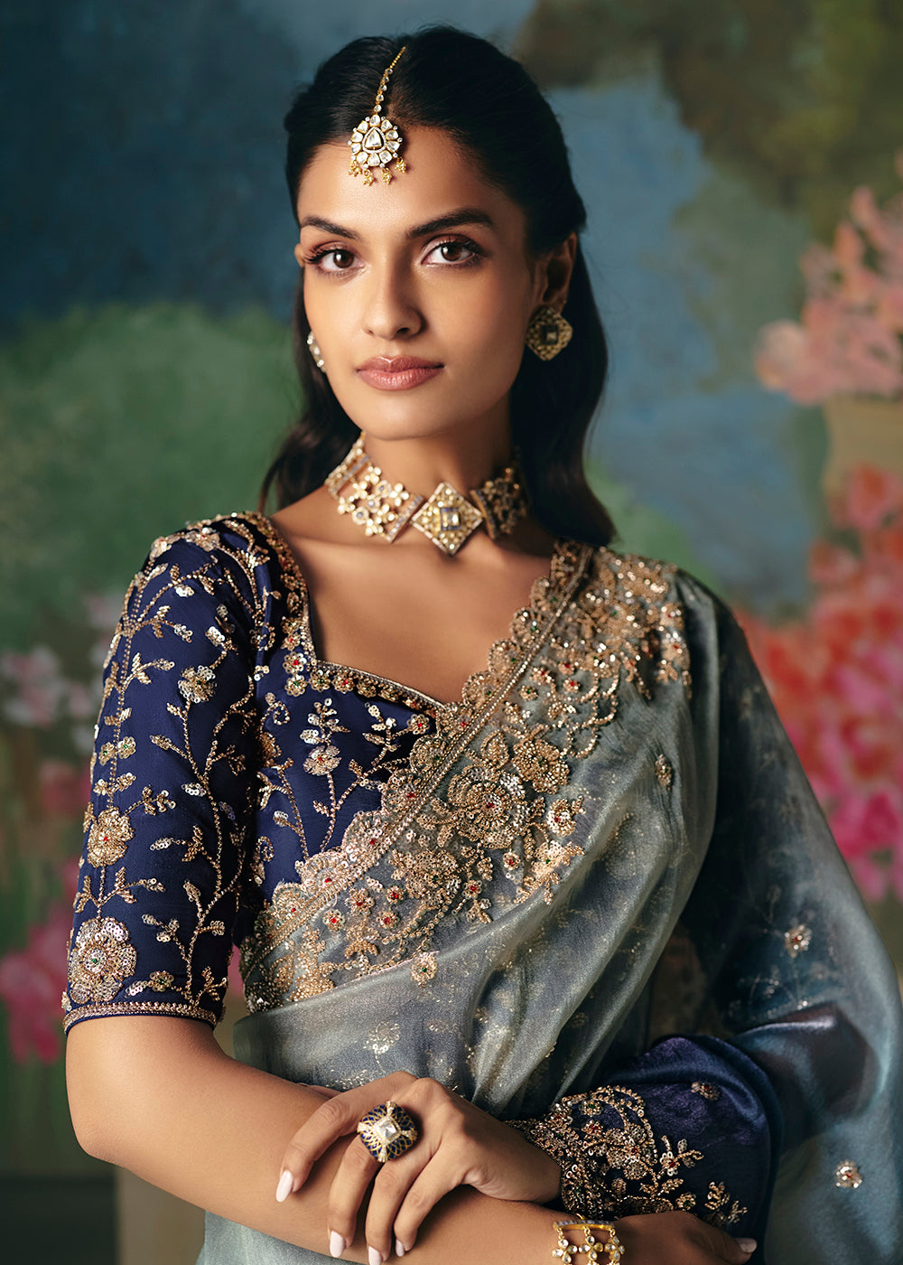 Buy Silver Blue Premium Fancy Fabric Embellished Designer Saree Online in US, UK, Canada, France, Germany, Denmark, Netherland, Sweden & Worldwide at Empress.