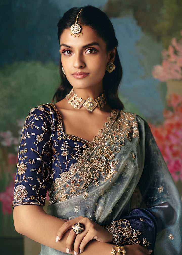 Buy Silver Blue Premium Fancy Fabric Embellished Designer Saree Online in US, UK, Canada, France, Germany, Denmark, Netherland, Sweden & Worldwide at Empress.
