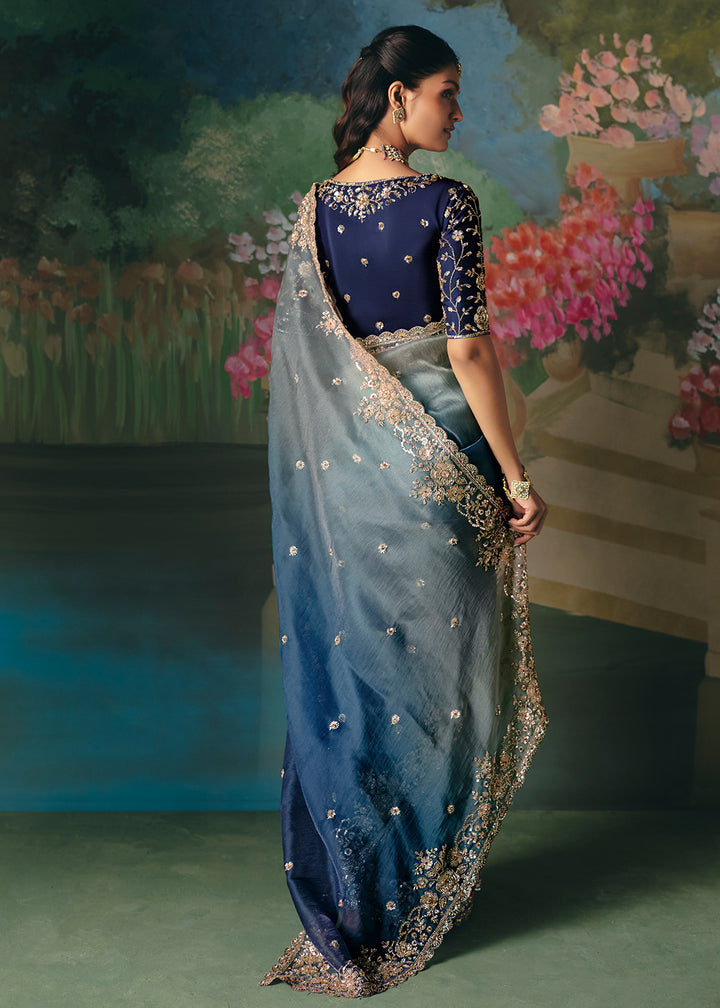 Buy Silver Blue Premium Fancy Fabric Embellished Designer Saree Online in US, UK, Canada, France, Germany, Denmark, Netherland, Sweden & Worldwide at Empress.