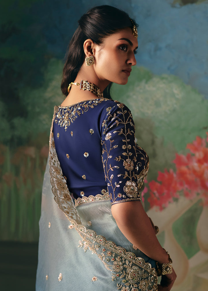 Buy Silver Blue Premium Fancy Fabric Embellished Designer Saree Online in US, UK, Canada, France, Germany, Denmark, Netherland, Sweden & Worldwide at Empress.