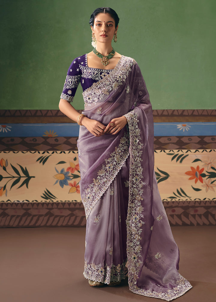 Buy Now Lavender Premium Fancy Fabric Designer Party Wear Saree Online in US, UK, Canada, France, Germany, Denmark, Netherland, Sweden & Worldwide at Empress.