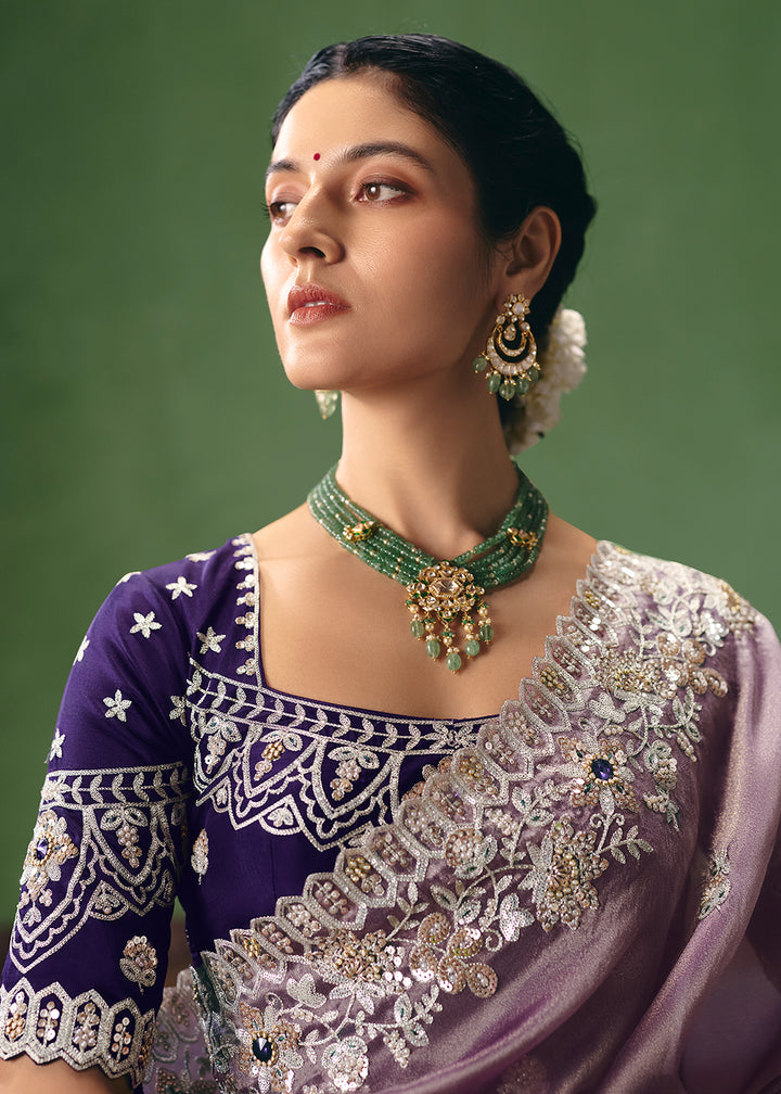 Buy Now Lavender Premium Fancy Fabric Designer Party Wear Saree Online in US, UK, Canada, France, Germany, Denmark, Netherland, Sweden & Worldwide at Empress.