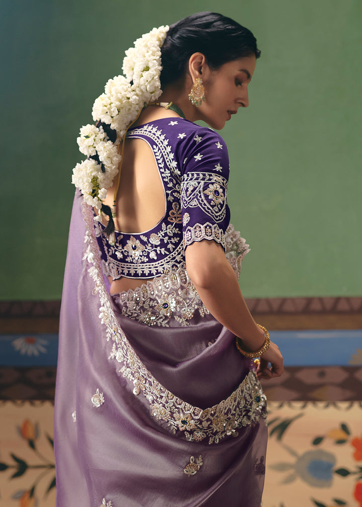 Buy Now Lavender Premium Fancy Fabric Designer Party Wear Saree Online in US, UK, Canada, France, Germany, Denmark, Netherland, Sweden & Worldwide at Empress.