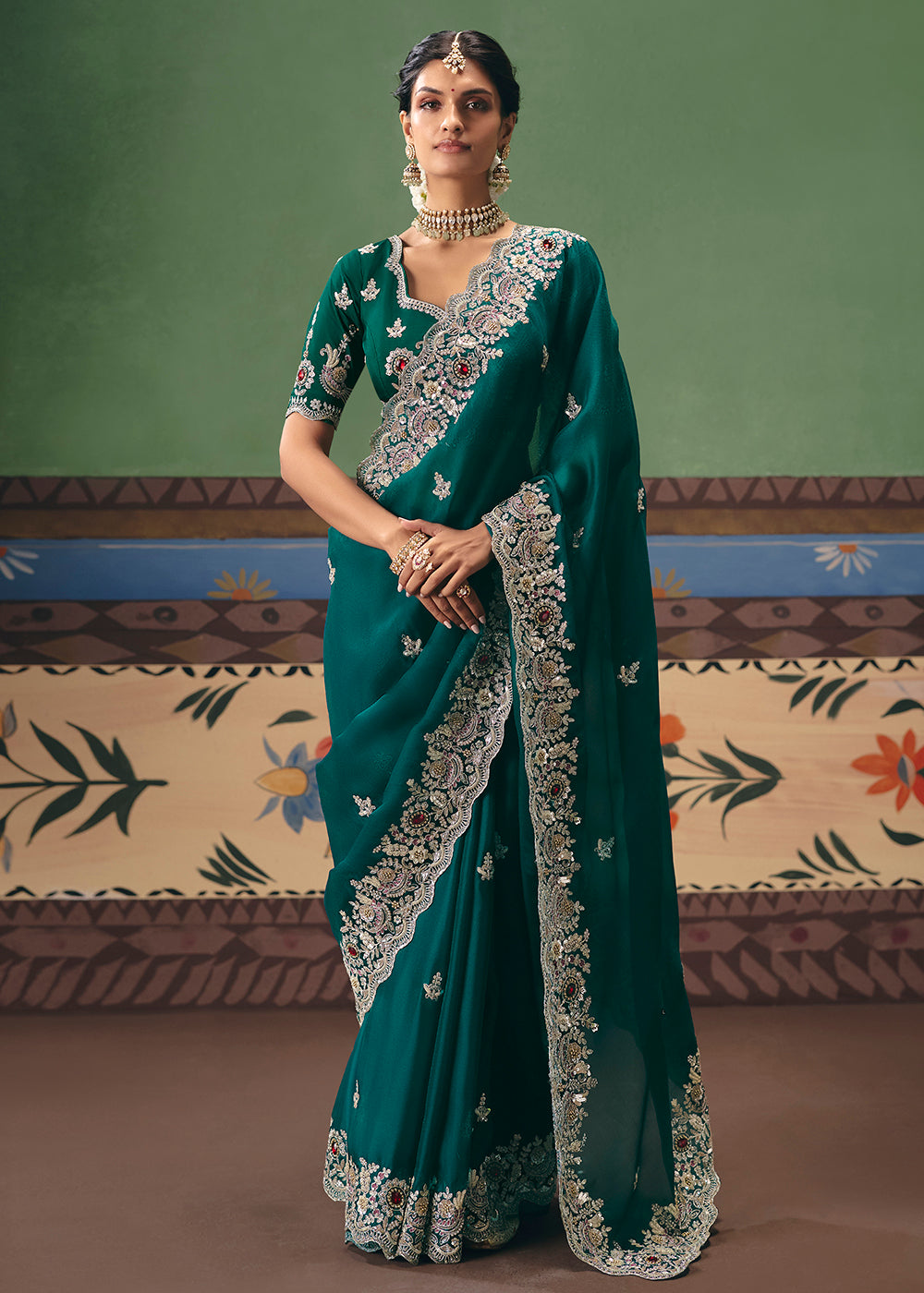 Buy Now Rama Premium Fancy Fabric Designer Party Wear Saree Online in US, UK, Canada, France, Germany, Denmark, Netherland, Sweden & Worldwide at Empress.