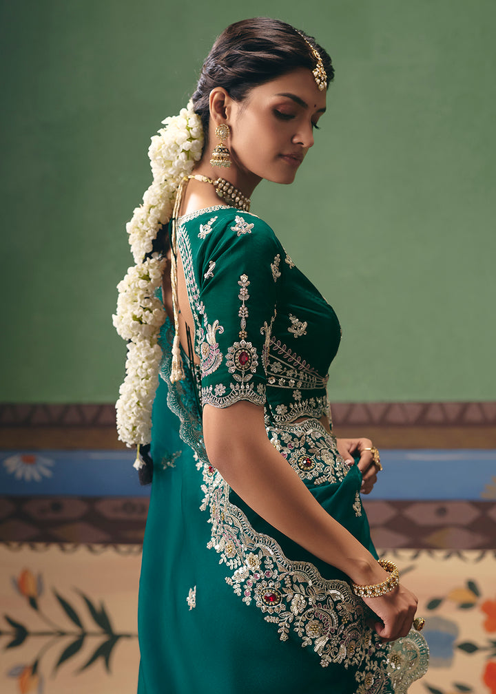 Buy Now Rama Premium Fancy Fabric Designer Party Wear Saree Online in US, UK, Canada, France, Germany, Denmark, Netherland, Sweden & Worldwide at Empress.