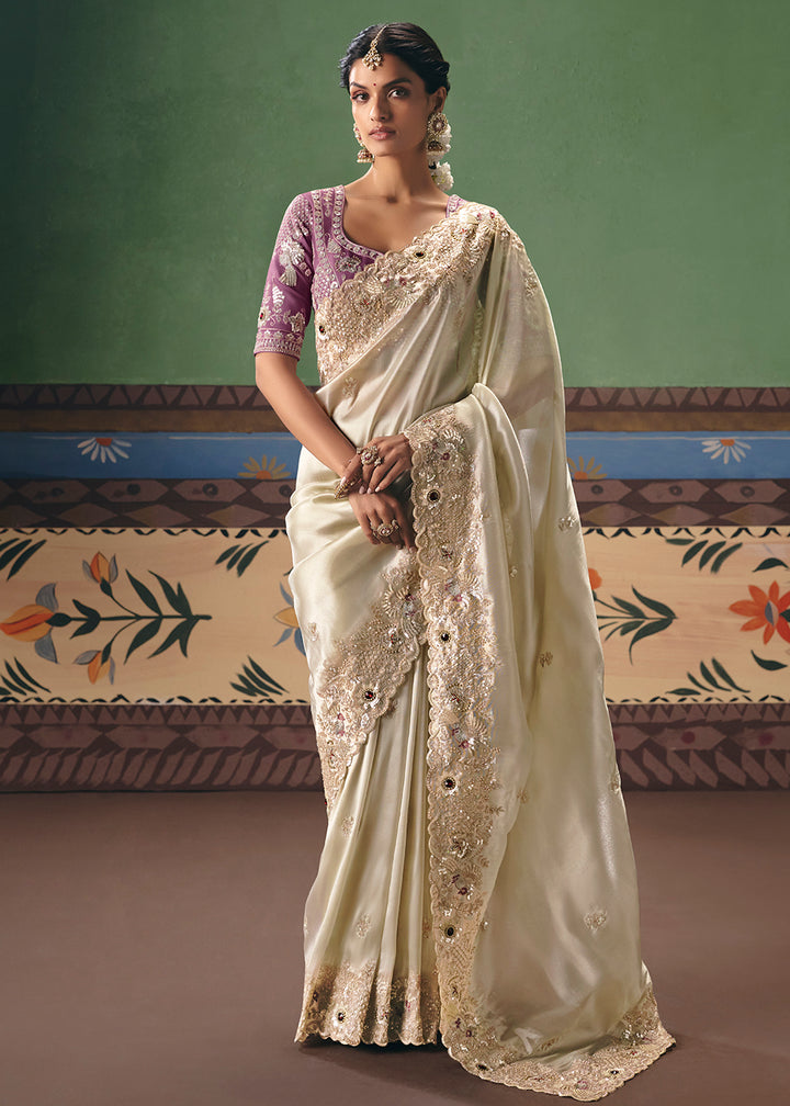 Buy Now Cream Premium Fancy Fabric Designer Party Wear Saree Online in US, UK, Canada, France, Germany, Denmark, Netherland, Sweden & Worldwide at Empress.