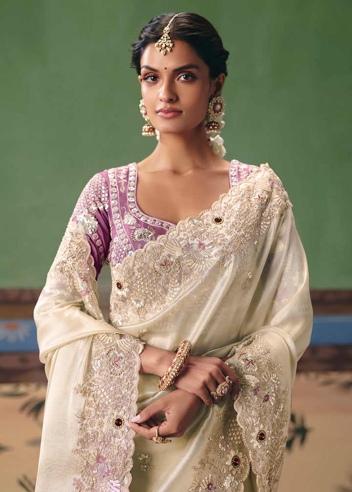 Buy Now Cream Premium Fancy Fabric Designer Party Wear Saree Online in US, UK, Canada, France, Germany, Denmark, Netherland, Sweden & Worldwide at Empress.