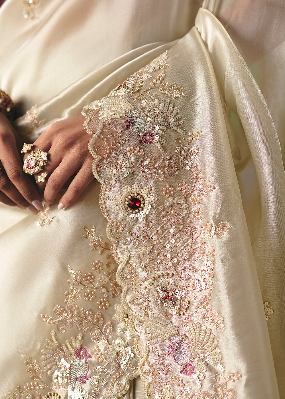 Buy Now Cream Premium Fancy Fabric Designer Party Wear Saree Online in US, UK, Canada, France, Germany, Denmark, Netherland, Sweden & Worldwide at Empress.