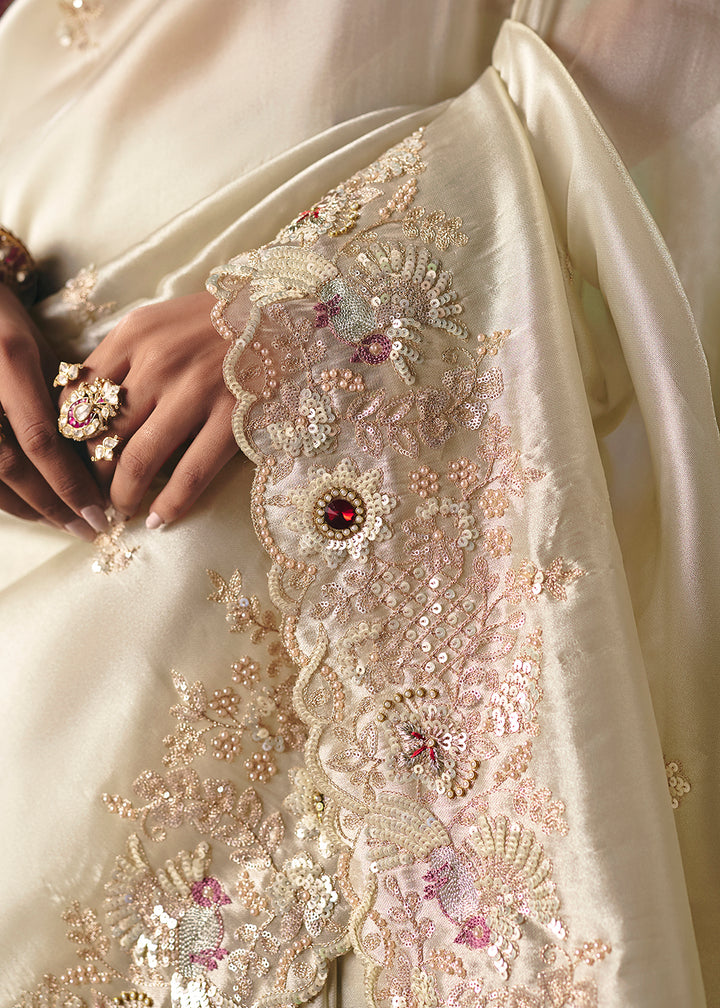 Buy Now Cream Premium Fancy Fabric Designer Party Wear Saree Online in US, UK, Canada, France, Germany, Denmark, Netherland, Sweden & Worldwide at Empress.