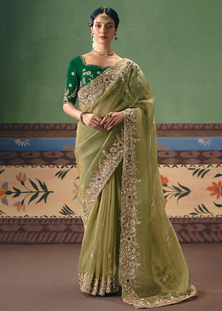 Buy Now Green Premium Fancy Fabric Designer Party Wear Saree Online in US, UK, Canada, France, Germany, Denmark, Netherland, Sweden & Worldwide at Empress.