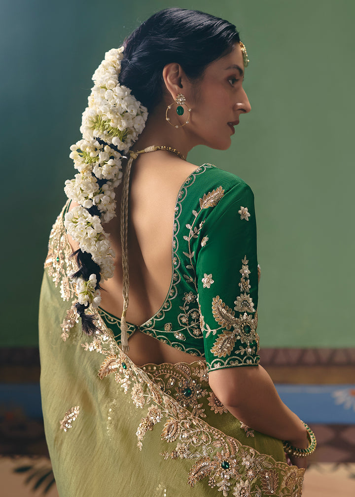 Buy Now Green Premium Fancy Fabric Designer Party Wear Saree Online in US, UK, Canada, France, Germany, Denmark, Netherland, Sweden & Worldwide at Empress.