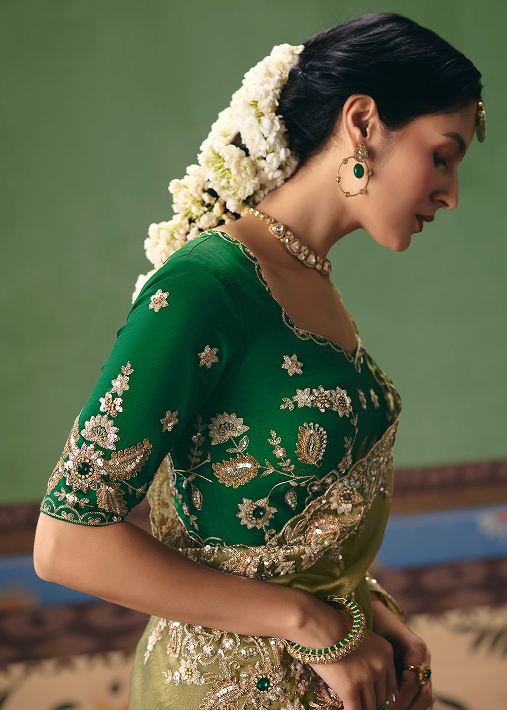 Buy Now Green Premium Fancy Fabric Designer Party Wear Saree Online in US, UK, Canada, France, Germany, Denmark, Netherland, Sweden & Worldwide at Empress.