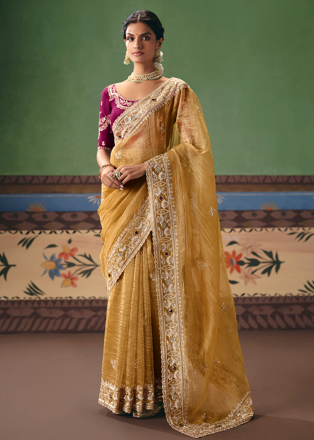 Buy Now Mustard Premium Fancy Fabric Designer Party Wear Saree Online in US, UK, Canada, France, Germany, Denmark, Netherland, Sweden & Worldwide at Empress.