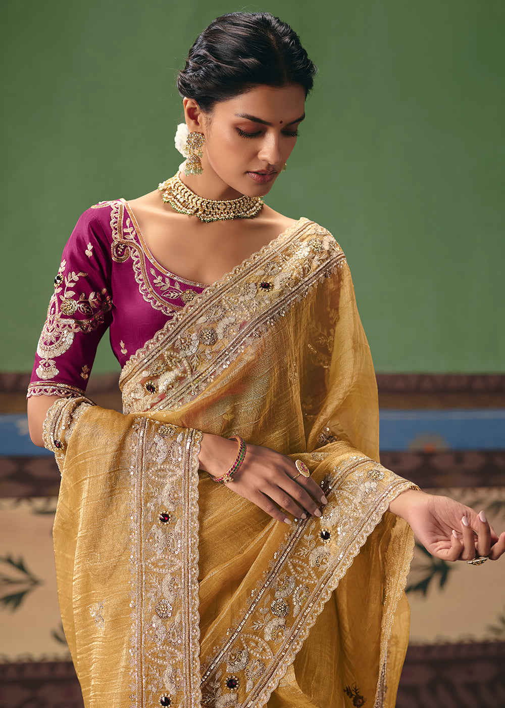Buy Now Mustard Premium Fancy Fabric Designer Party Wear Saree Online in US, UK, Canada, France, Germany, Denmark, Netherland, Sweden & Worldwide at Empress.