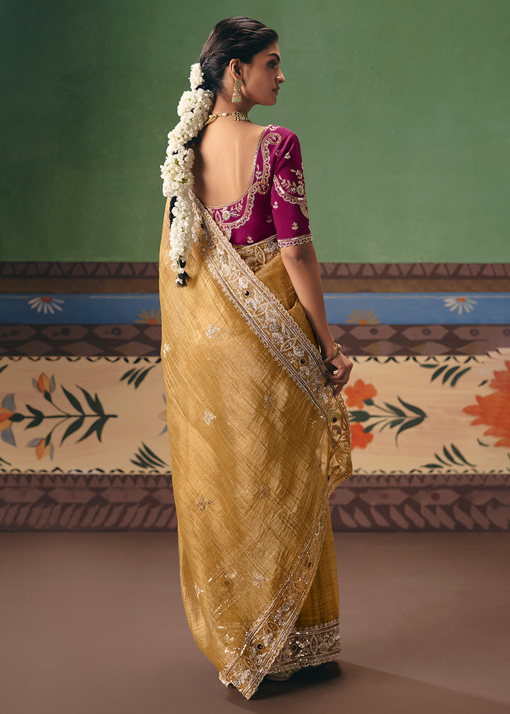 Buy Now Mustard Premium Fancy Fabric Designer Party Wear Saree Online in US, UK, Canada, France, Germany, Denmark, Netherland, Sweden & Worldwide at Empress.