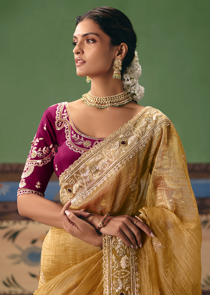 Buy Now Mustard Premium Fancy Fabric Designer Party Wear Saree Online in US, UK, Canada, France, Germany, Denmark, Netherland, Sweden & Worldwide at Empress.