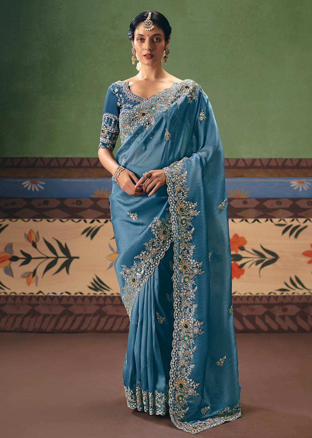 Buy Now Blue Premium Fancy Fabric Designer Party Wear Saree Online in US, UK, Canada, France, Germany, Denmark, Netherland, Sweden & Worldwide at Empress.