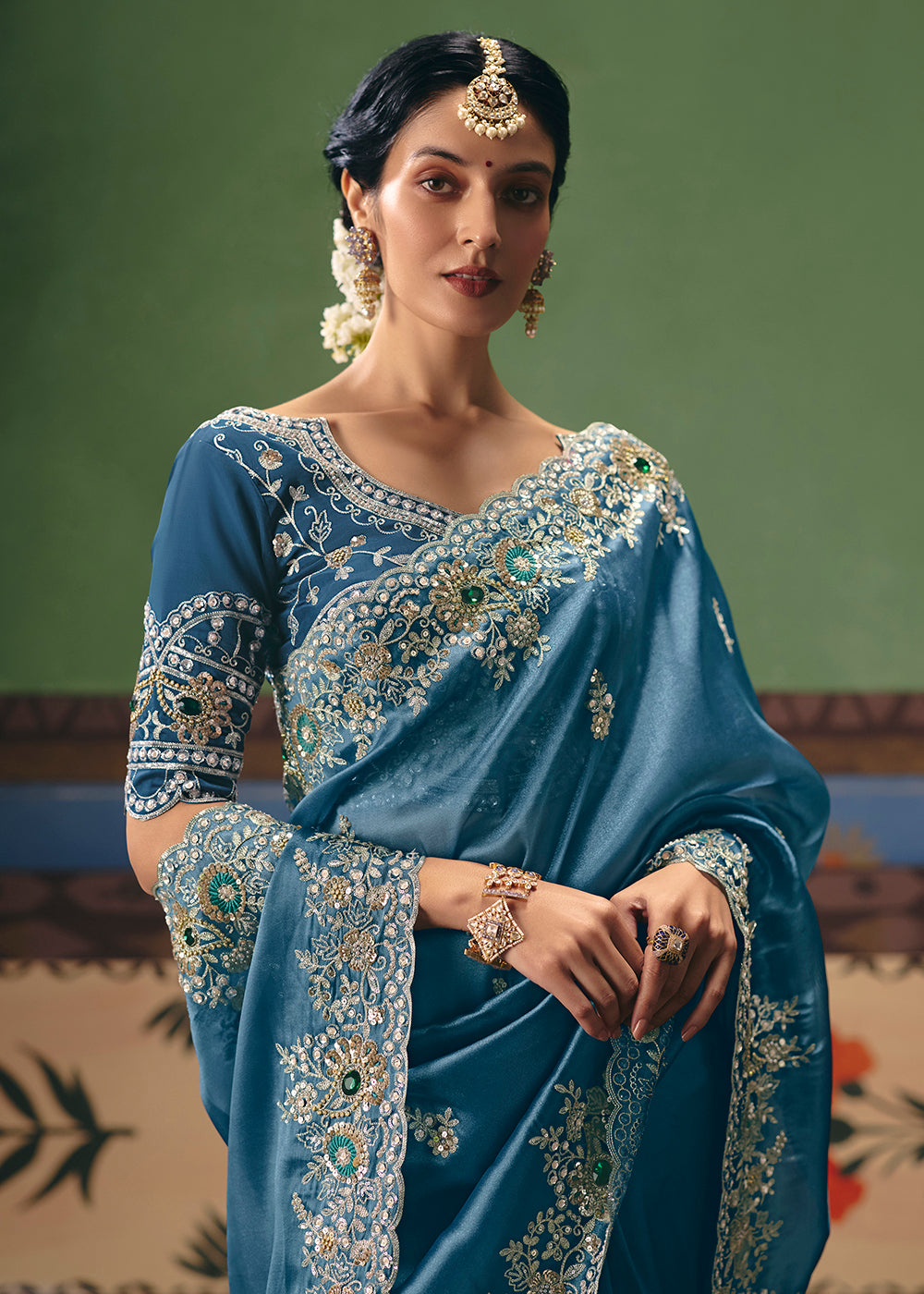 Buy Now Blue Premium Fancy Fabric Designer Party Wear Saree Online in US, UK, Canada, France, Germany, Denmark, Netherland, Sweden & Worldwide at Empress.