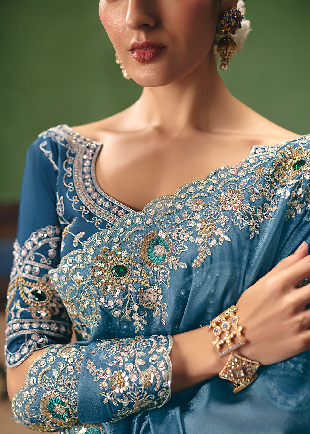 Buy Now Blue Premium Fancy Fabric Designer Party Wear Saree Online in US, UK, Canada, France, Germany, Denmark, Netherland, Sweden & Worldwide at Empress.