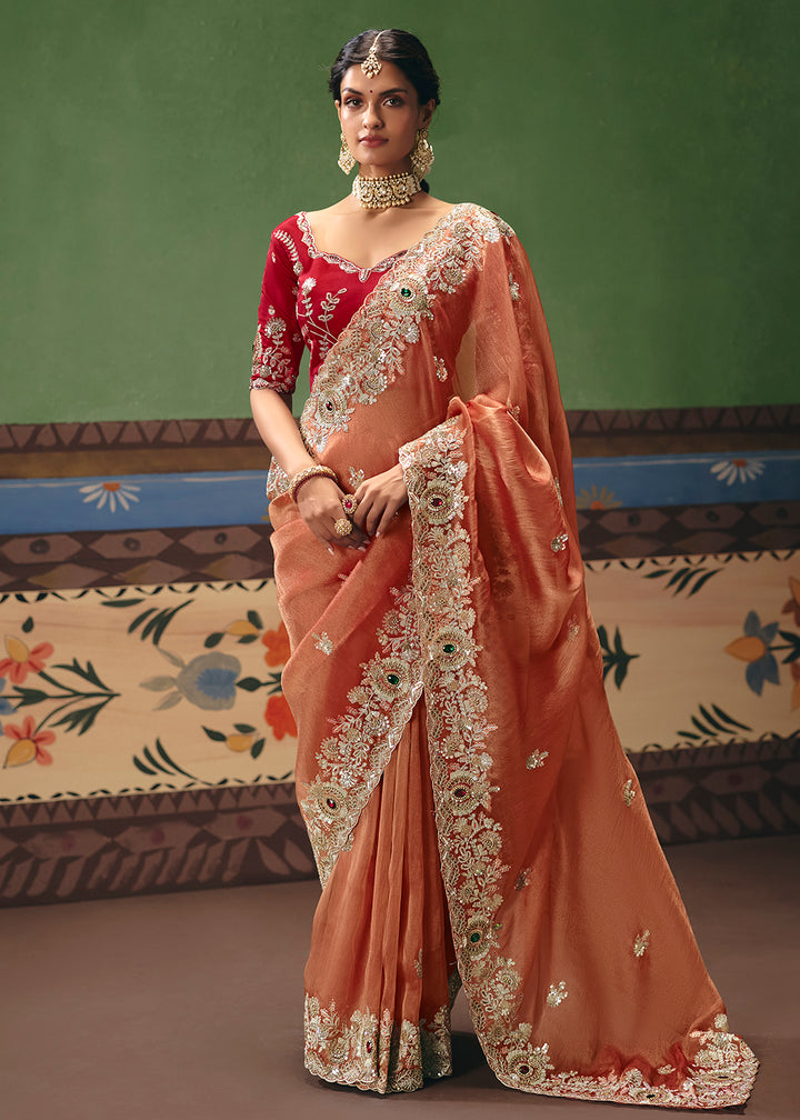 Buy Now Orange Premium Fancy Fabric Designer Party Wear Saree Online in US, UK, Canada, France, Germany, Denmark, Netherland, Sweden & Worldwide at Empress.