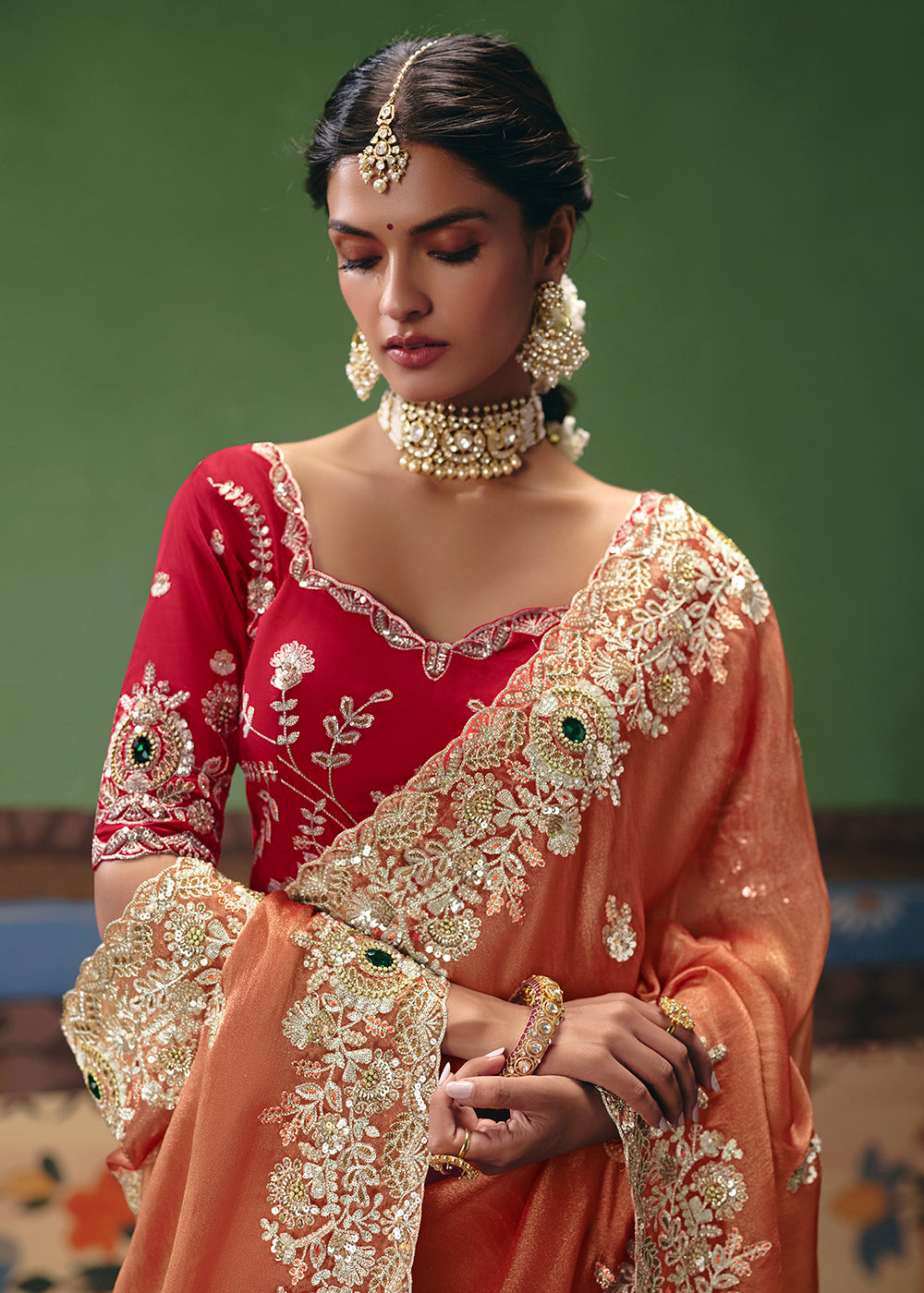 Buy Now Orange Premium Fancy Fabric Designer Party Wear Saree Online in US, UK, Canada, France, Germany, Denmark, Netherland, Sweden & Worldwide at Empress.