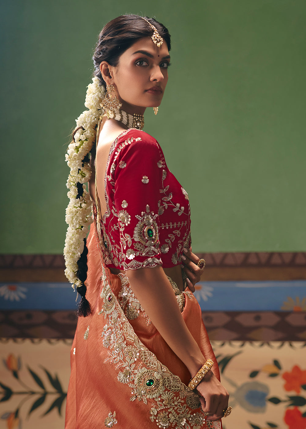 Buy Now Orange Premium Fancy Fabric Designer Party Wear Saree Online in US, UK, Canada, France, Germany, Denmark, Netherland, Sweden & Worldwide at Empress.