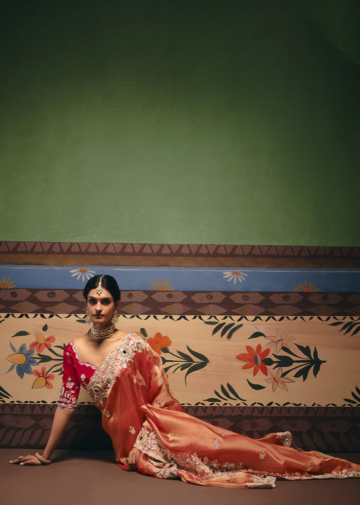 Buy Now Orange Premium Fancy Fabric Designer Party Wear Saree Online in US, UK, Canada, France, Germany, Denmark, Netherland, Sweden & Worldwide at Empress.