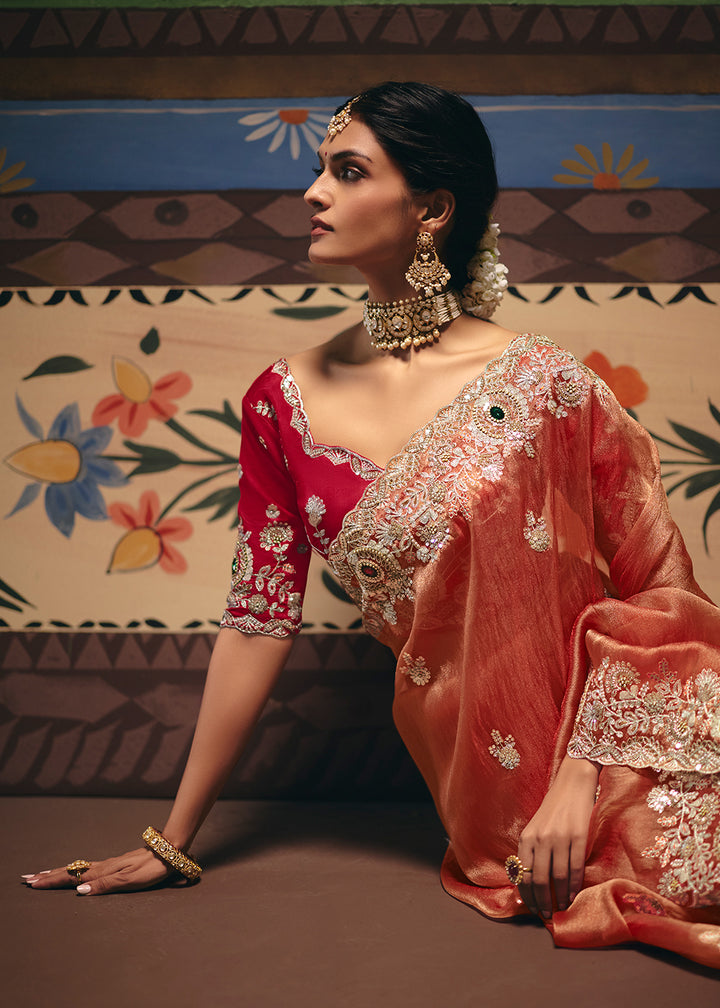 Buy Now Orange Premium Fancy Fabric Designer Party Wear Saree Online in US, UK, Canada, France, Germany, Denmark, Netherland, Sweden & Worldwide at Empress.