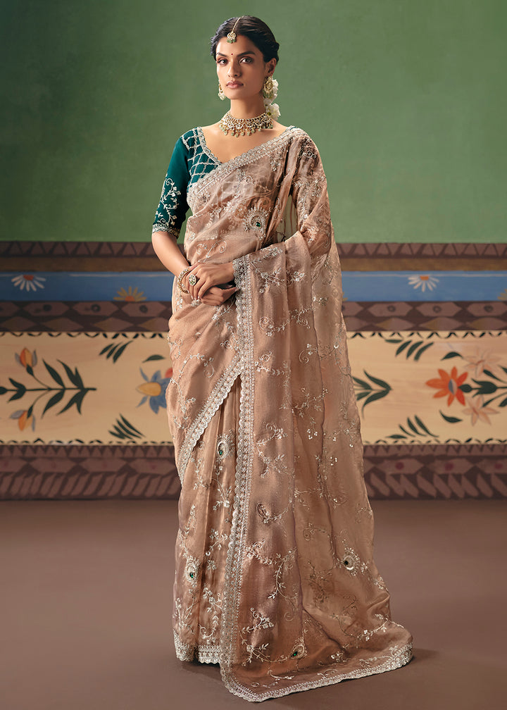 Buy Now Beige Premium Fancy Fabric Designer Party Wear Saree Online in US, UK, Canada, France, Germany, Denmark, Netherland, Sweden & Worldwide at Empress.