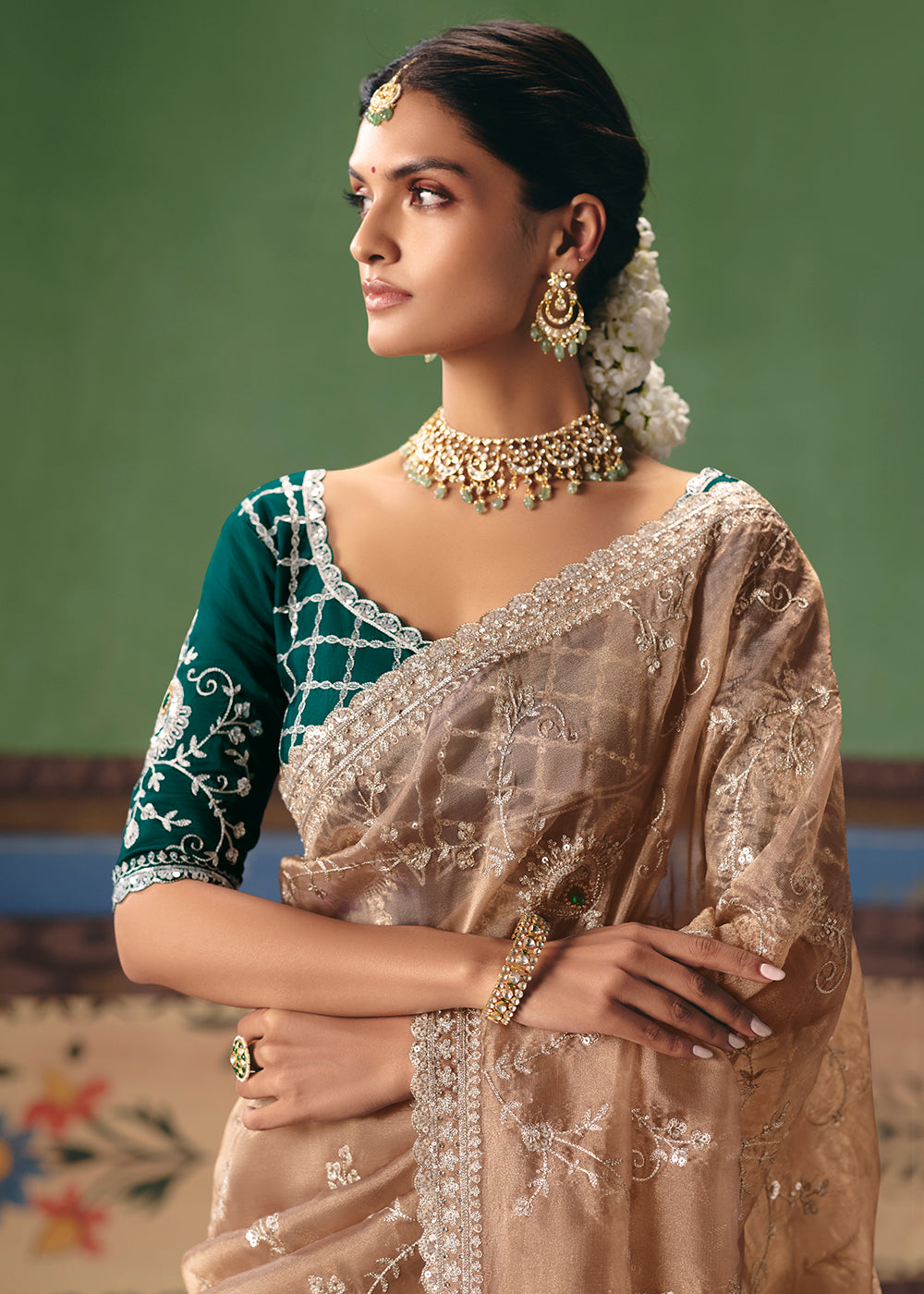 Buy Now Beige Premium Fancy Fabric Designer Party Wear Saree Online in US, UK, Canada, France, Germany, Denmark, Netherland, Sweden & Worldwide at Empress.