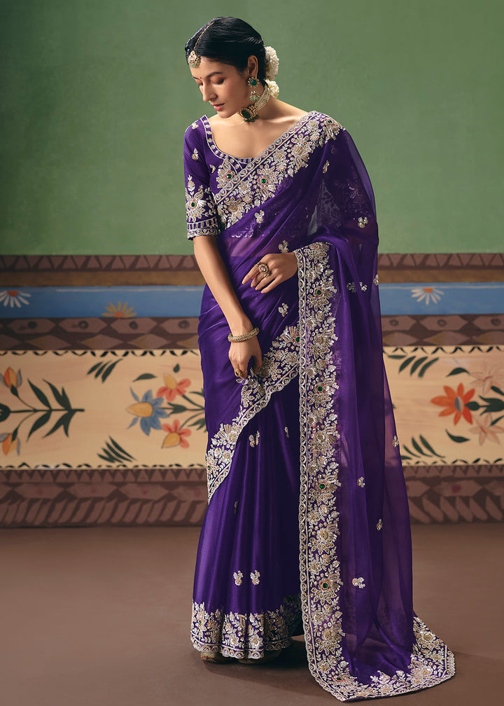 Buy Now Purple Premium Fancy Fabric Designer Party Wear Saree Online in US, UK, Canada, France, Germany, Denmark, Netherland, Sweden & Worldwide at Empress.