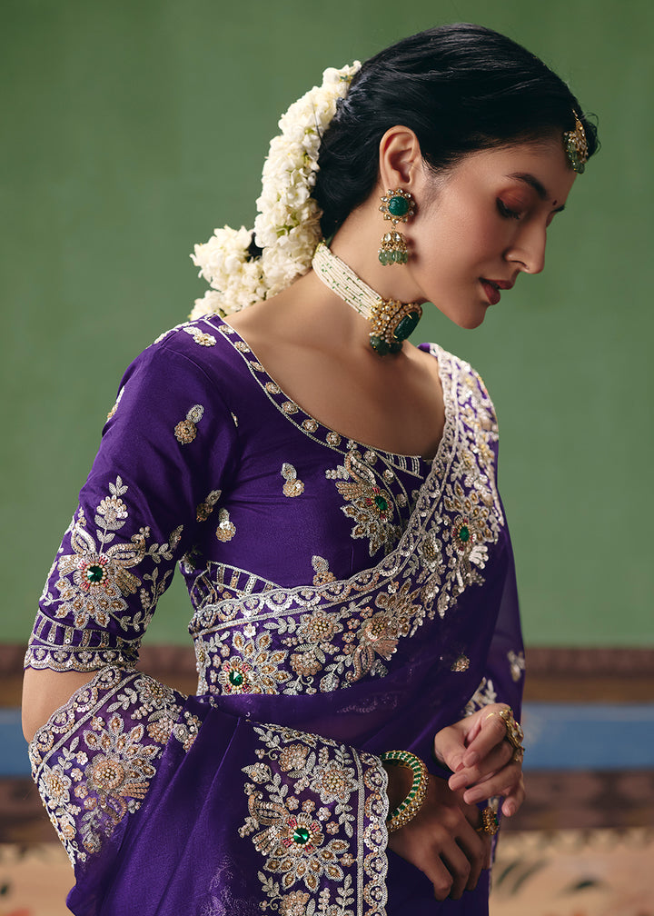 Buy Now Purple Premium Fancy Fabric Designer Party Wear Saree Online in US, UK, Canada, France, Germany, Denmark, Netherland, Sweden & Worldwide at Empress.