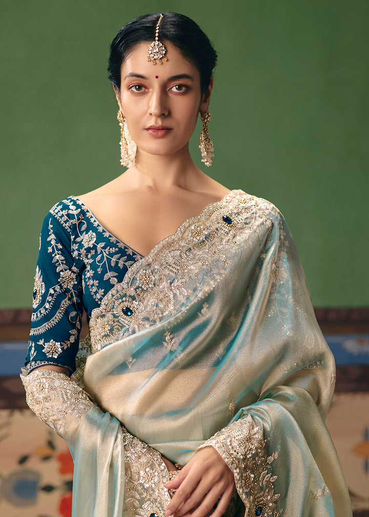 Buy Now Silver Grey Premium Fancy Fabric Designer Party Wear Saree Online in US, UK, Canada, France, Germany, Denmark, Netherland, Sweden & Worldwide at Empress.