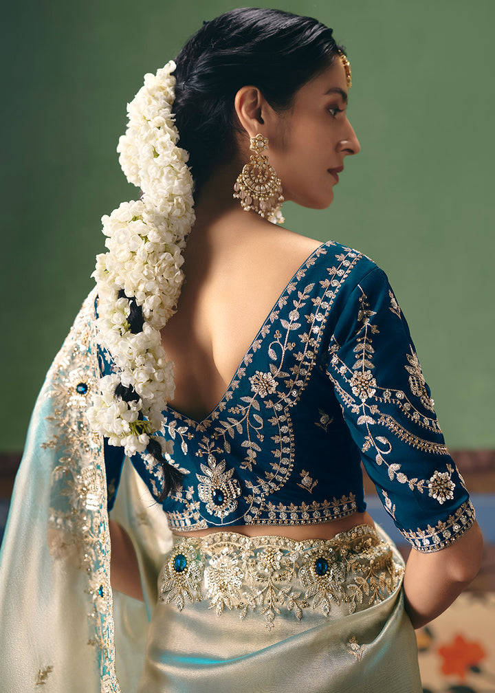 Buy Now Silver Grey Premium Fancy Fabric Designer Party Wear Saree Online in US, UK, Canada, France, Germany, Denmark, Netherland, Sweden & Worldwide at Empress.