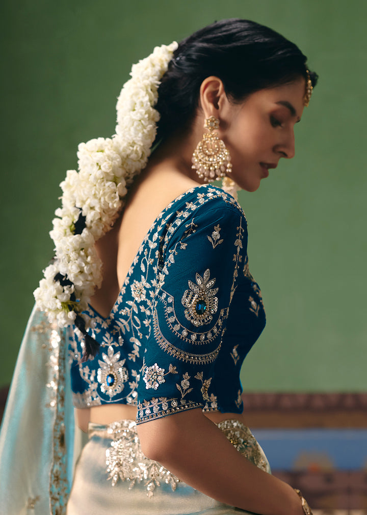 Buy Now Silver Grey Premium Fancy Fabric Designer Party Wear Saree Online in US, UK, Canada, France, Germany, Denmark, Netherland, Sweden & Worldwide at Empress.