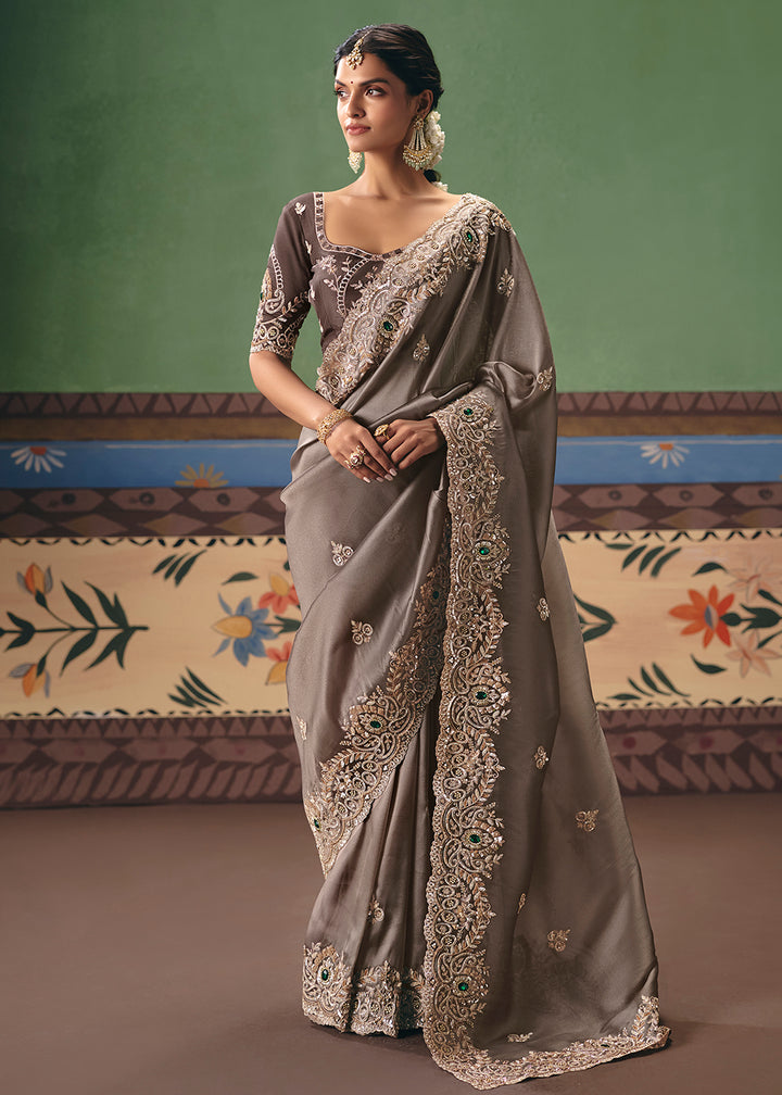 Buy Now Dusty Grey Premium Fancy Fabric Designer Party Wear Saree Online in US, UK, Canada, France, Germany, Denmark, Netherland, Sweden & Worldwide at Empress