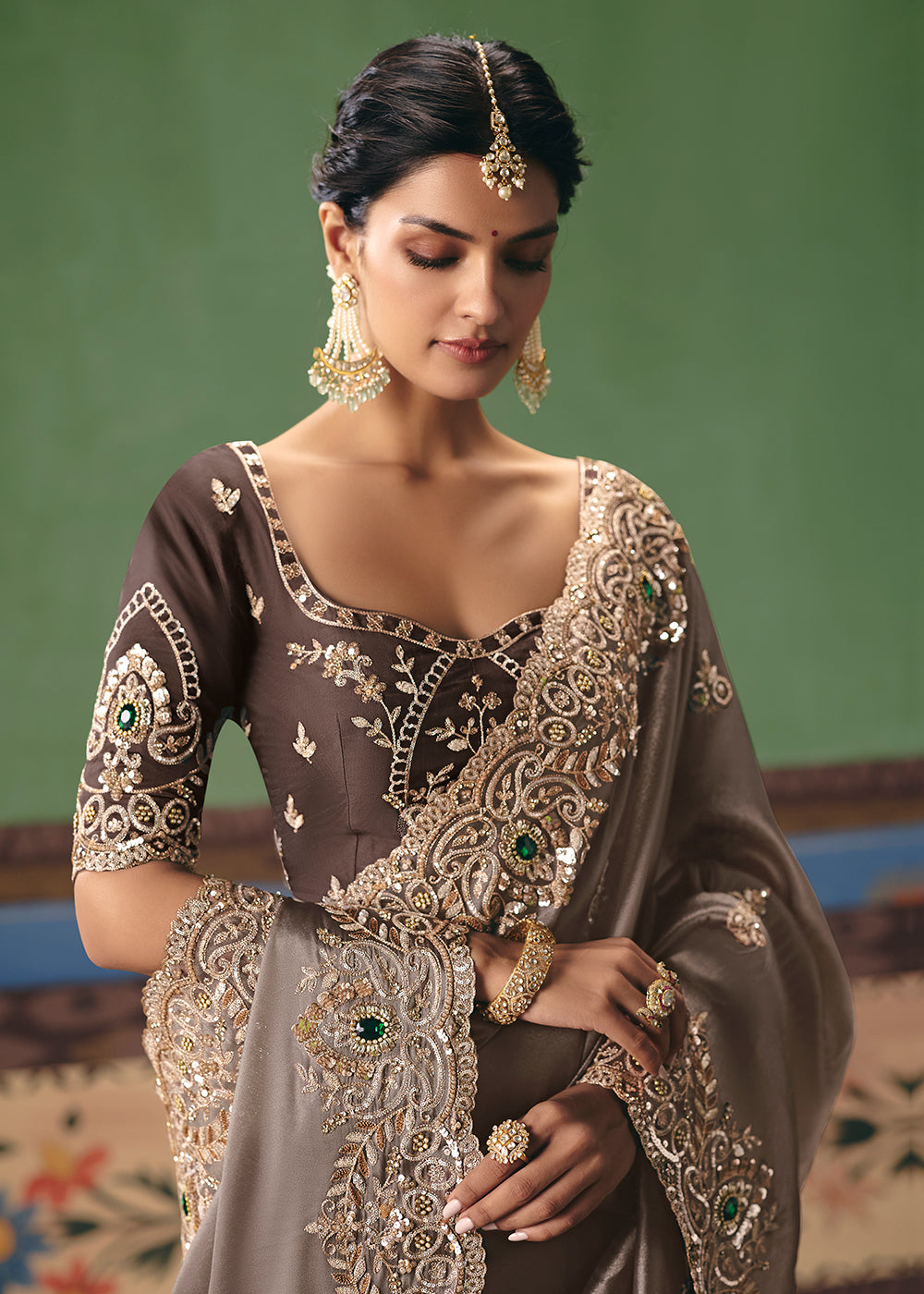 Buy Now Dusty Grey Premium Fancy Fabric Designer Party Wear Saree Online in US, UK, Canada, France, Germany, Denmark, Netherland, Sweden & Worldwide at Empress