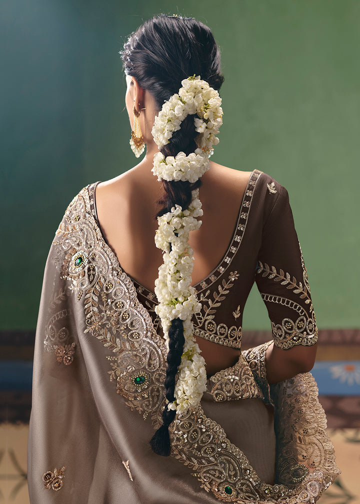 Buy Now Dusty Grey Premium Fancy Fabric Designer Party Wear Saree Online in US, UK, Canada, France, Germany, Denmark, Netherland, Sweden & Worldwide at Empress