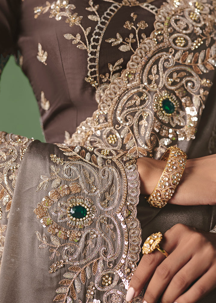 Buy Now Dusty Grey Premium Fancy Fabric Designer Party Wear Saree Online in US, UK, Canada, France, Germany, Denmark, Netherland, Sweden & Worldwide at Empress