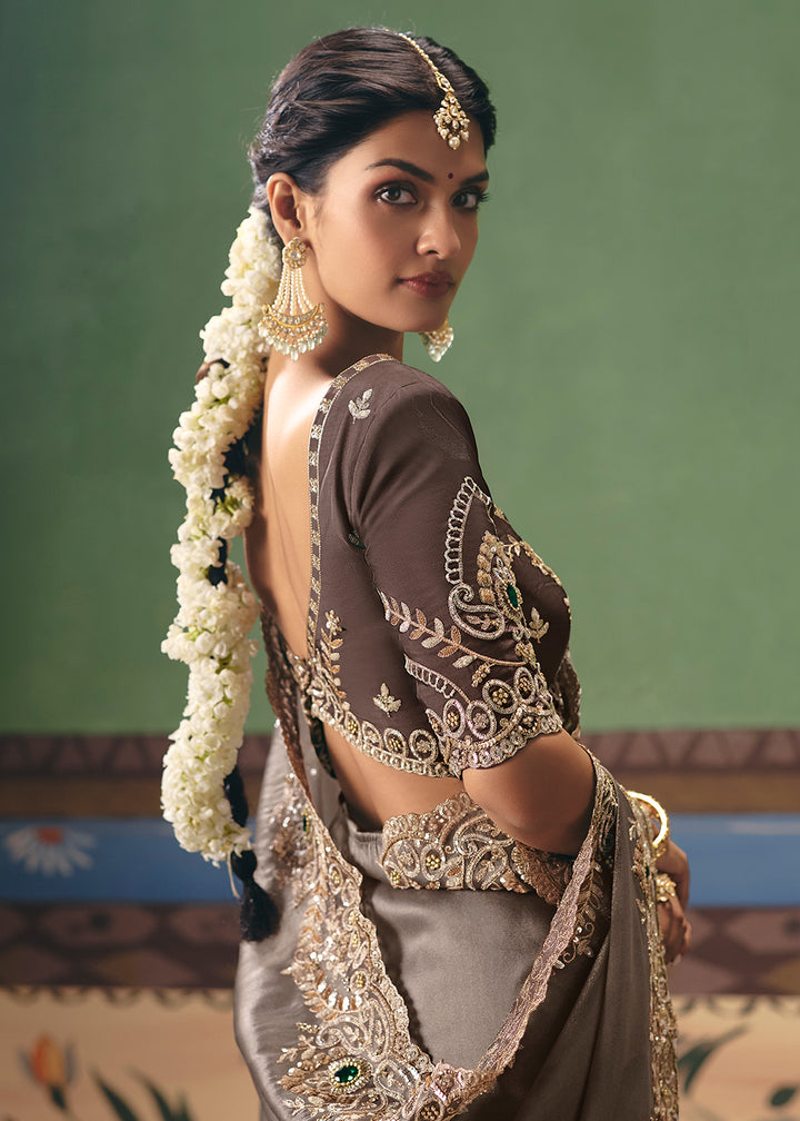 Buy Now Dusty Grey Premium Fancy Fabric Designer Party Wear Saree Online in US, UK, Canada, France, Germany, Denmark, Netherland, Sweden & Worldwide at Empress