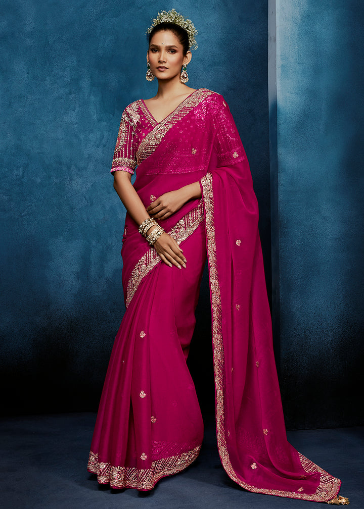 Buy Now Rani Pink High-Grade Pure Fancy Fabric Designer Saree Online in US, UK, Canada, France, Germany, Denmark, Netherland, Sweden, UAE & Worldwide at Empress.