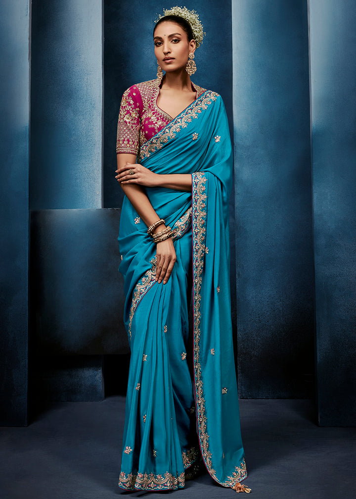Buy Now Aqua Blue High-Grade Pure Fancy Fabric Designer Saree Online in US, UK, Canada, France, Germany, Denmark, Netherland, Sweden, UAE & Worldwide at Empress.