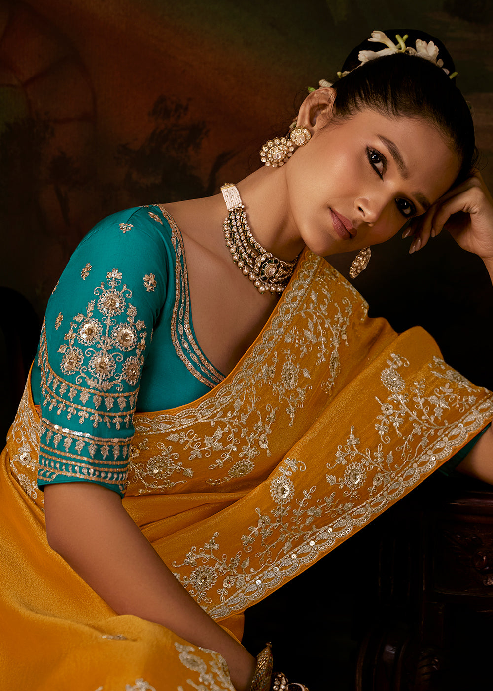 Buy Now Saffron Yellow Premium Designer Wedding Saree Online in US, UK, Canada, France, Germany, Denmark, Sweden, Italy, Netherlands, UAE & Worldwide at Empress.