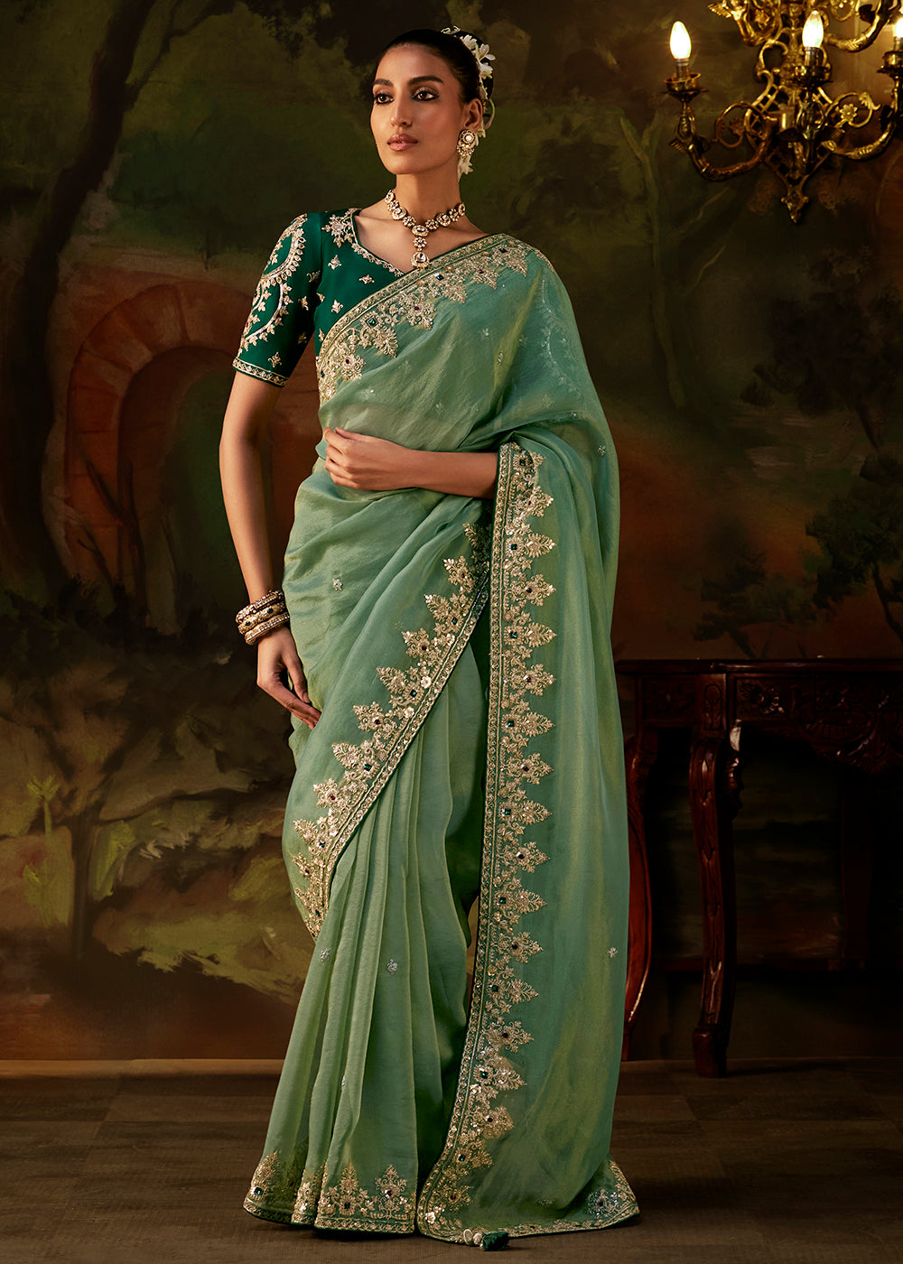 Buy Now Sage Green Premium Designer Wedding Saree Online in US, UK, Canada, France, Germany, Denmark, Sweden, Italy, Netherlands, UAE & Worldwide at Empress.