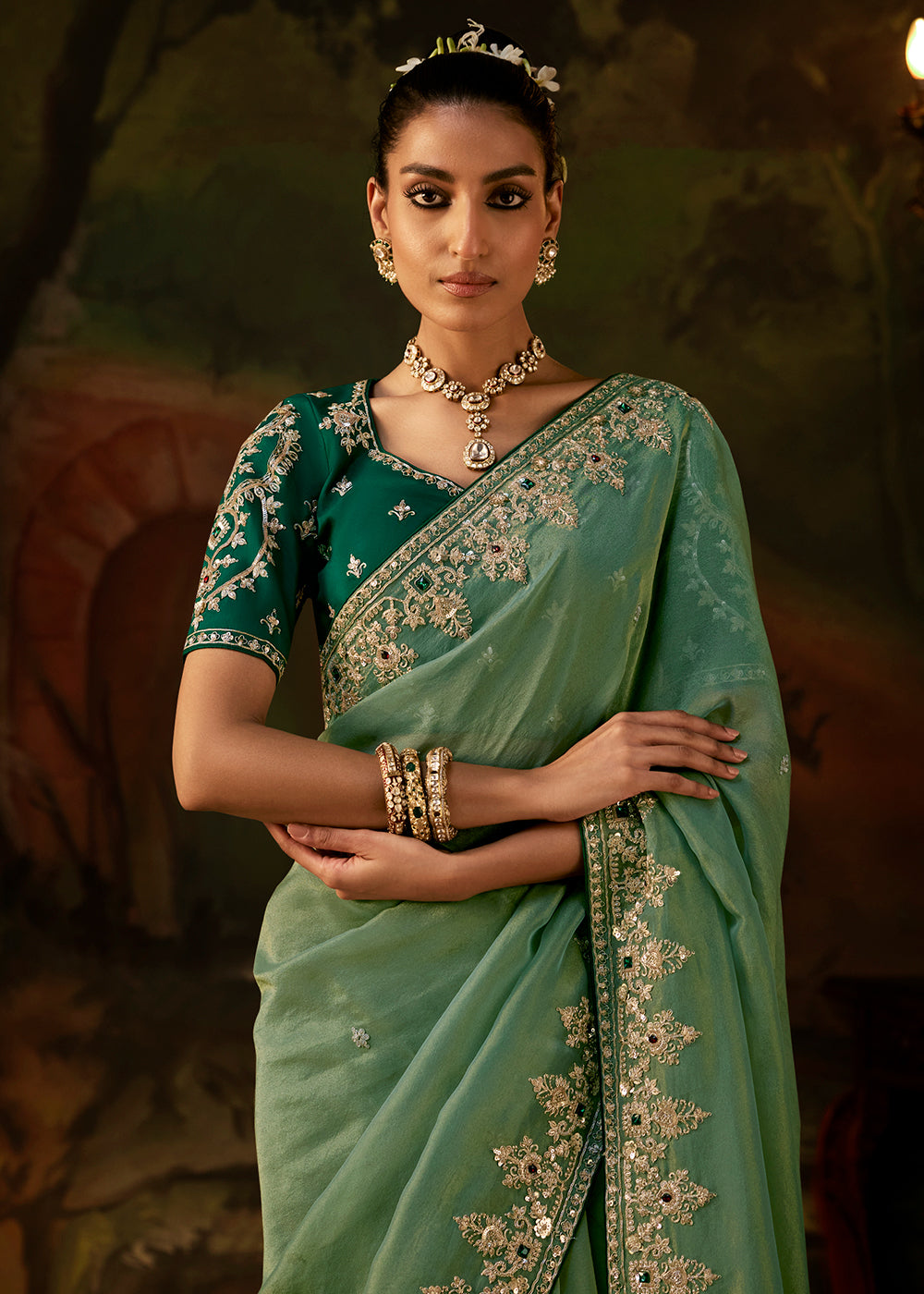 Buy Now Sage Green Premium Designer Wedding Saree Online in US, UK, Canada, France, Germany, Denmark, Sweden, Italy, Netherlands, UAE & Worldwide at Empress.